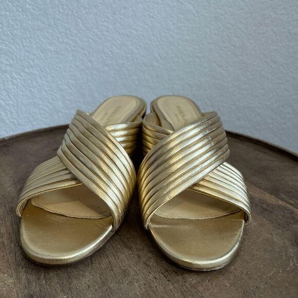 Marion Parke Soft Gold Leather Izzy Criss-Cross Block Heel Sandals Women's 37 US - Picture 2 of 13